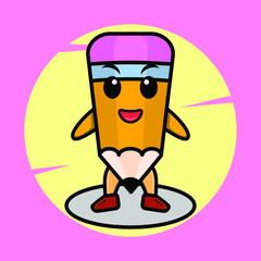 Cartoon pencil character with happy expression in cute style design for t-shirt, sticker, logo element, poster
