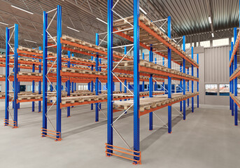 Fototapeta na wymiar Logistics warehouse. Rack for pallets. Storage equipment. Racks for pallets, shelves for boxes. Cargo storage