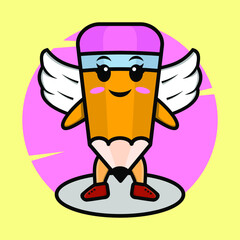 Cartoon pencil character wearing wings in cute style design for t-shirt, sticker, logo element, poster