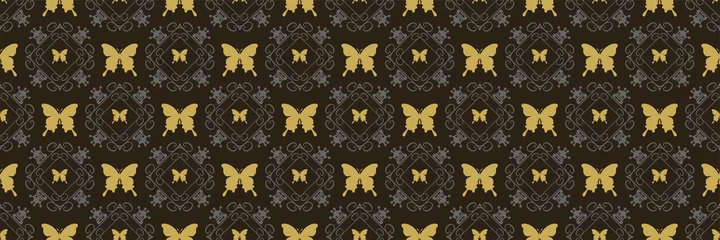 Behang Zwart goud Mooi patroon als achtergrond met decoratieve ornamenten en gouden vlinders op een zwarte achtergrond voor uw ontwerp. Naadloze achtergrond voor behang, texturen.