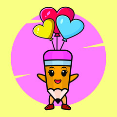 Pencil mascot cartoon is skydiving with balloon and happy gesture cute style design for t-shirt, sticker, logo element