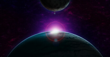 Obraz na płótnie Canvas Beautiful 3D Colorful Planet at Sunrise or Sunset with Outer Space view Panorama, Nebula clouds