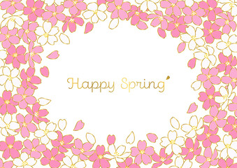Cherry Blossoms Illustration Frame, Gold Edging and White Background