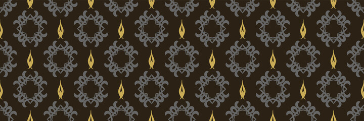 Beautiful background pattern with decorative geometric floral ornament in the form of elements of gray and gold on a black background for your design. Seamless background for wallpaper, textures.