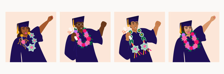 Illustration set of happy graduates wearing flower money lei