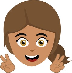 Vector illustration of the face of a young brunette woman making a gesture with her hands of the symbol of love and peace or victory.