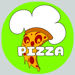 cartoon slice of pizza with eyes in a chef's cap