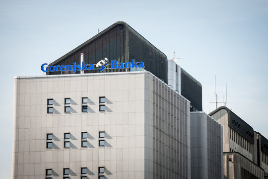 LJUBLJANA, SLOVENIA - JUNE 15, 2021: Gorenjska banka logo on their Kranj office. part of AIK Banka,Gorenjska banka is a Slovenian retail and commercial bank...