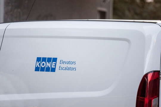 BELGRADE, SERBIA - AUGUST 11 2021: Kone Corporation on their intervention vehicle in Belgrade. Kone Oyj is a Finnish engineering company manufacturing elevators, lifts, automatic doors and walkways.