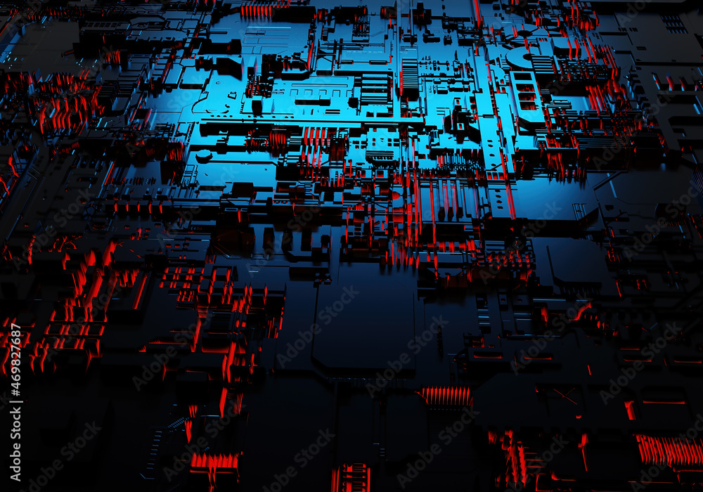 Poster Dark PCB background with red lines. Electronic circuit board background. Visualization of abstract PCB. Texture with elements of electronic circuit board. Abstract background without focus. 3d image.