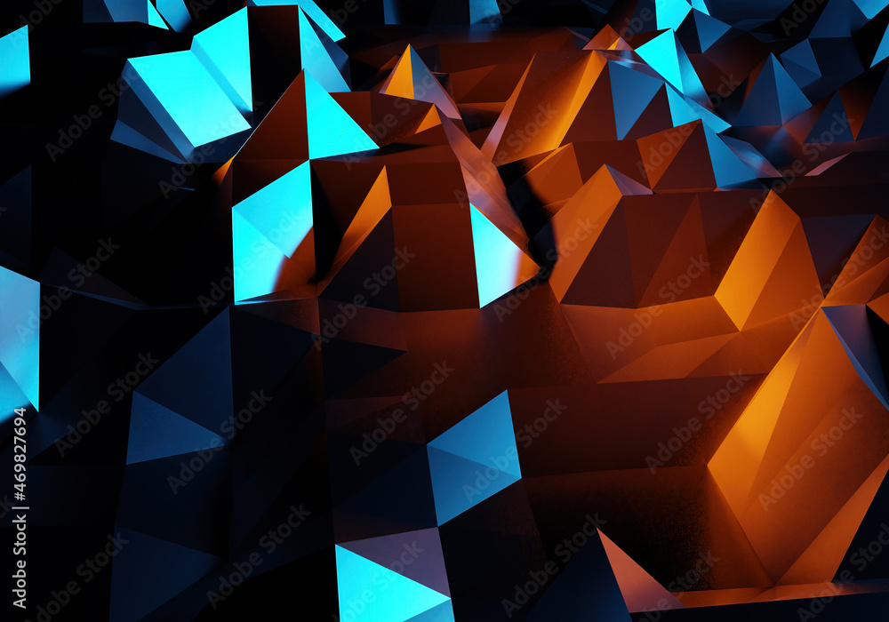 Poster triangular background. three-dimensional surface with gradient. rendering of blue-orange background.