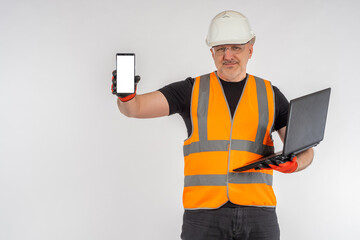 Experienced builder shows phone. Smartphone screen for construction theme. Engineer d reflective...