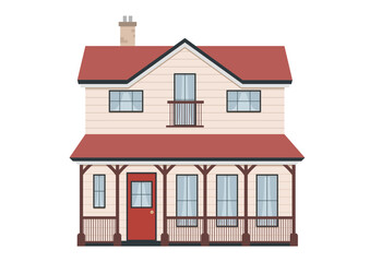 Nowoczesny dom z dachem, dużymi oknami i czerwonymi drzwiami. Piękny rodzinny dom z drewnianymi poręczami. Urocza chatka na przedmieściach. Wektorowa ilustracja. - obrazy, fototapety, plakaty