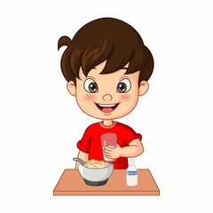 Cute little boy having breakfast cereals with milk