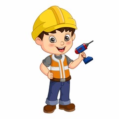 Cute handyman cartoon holding a drill tool