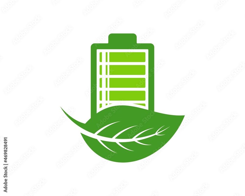 Sticker green electrical battery with nature leaf above