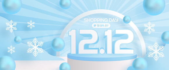 12.12 Shopping festival, Speech marketing banner design on  winter background and round podium, snow, and Floating ribbon with craft style.
