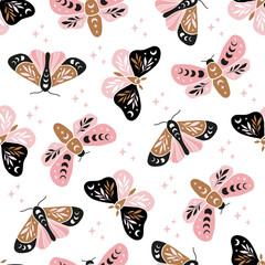 Stoffe zum Nähen Magical vector seamless pattern - Celestial butterfly with moon phases, floral branch. Mystical insect luna moth on white background. Design for boho print, fabric, textile.