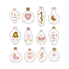 Bottle silhouette collection. Mystic jar vector illustration. Esoteric alchemy element. Witch brew with moon, stars, skull, mushroom, snake, crystal. 