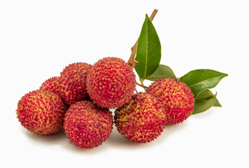 Fresh lychees with leaves isolated on white background. Tropical fruits. 
