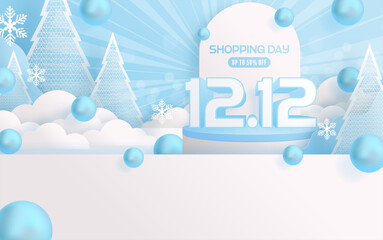 Fototapeta na wymiar 12.12 Shopping festival, Speech marketing banner design on winter background and round podium, snow, and Floating ribbon with craft style.