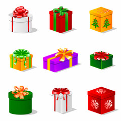 A set of colorful gift boxes with bows for Christmas
