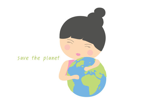 Cute girl holding world with text save the planet vector illustration Save the planet, global warming and climate change concept