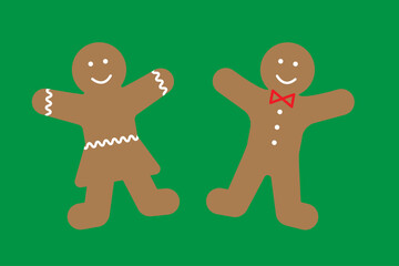 Christmas gingerbread icon. Green background. Happy boy and girl. Celebration cookies. Vector illustration. Stock image. 