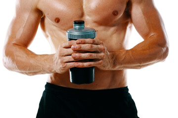 Naklejka premium athletic man with a pumped-up torso drink bottle sportspit