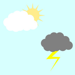 Thunderstorm and sunny cloudy. Weather background. Clouds collection. House icon set. Vector illustration. Stock image.