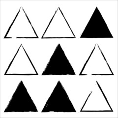 Grunge triangle set. Abstract art design. Ink brush. Frame border. Vintage style. Vector illustration. Stock image. 