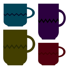 Different cup icons set. Blue, purple, green, red. Big and small sign. Zig zag pattern. Vector illustration. Stock image. 