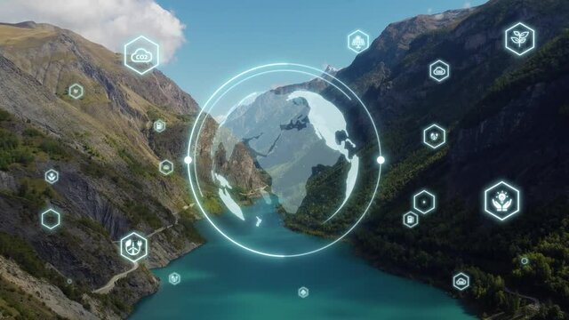 Green planet earth Environmental technology and innovation Sustainable development projects for a unpolluted eco sustainable future, drone fly above clear lake with mountain