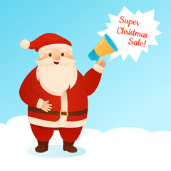 Santa Claus speaker cartoon reports super Christmas sale card. Funny xmas character and loudspeaker. New Year congratulation for postcard, advertisement, childish poster, calendar, greeting card