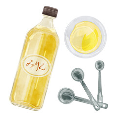 みりんと計量スプーンの手描き水彩風イラスト