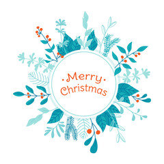 Frame greeting Merry Christmas and New Year. Winter template branch background for text xmas congratulations. Holiday berry, fir pine winter doodle design. Festive poster or greeting card