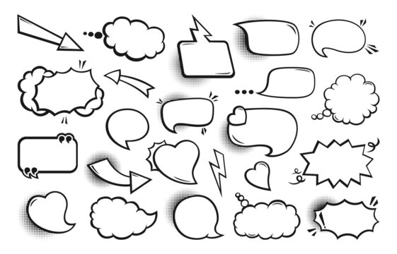 Speech Bubble Comic Pop Art Set. Retro Black And White Empty Design Elements Dialog Clouds, Halftone Dot Background. Speech Thought Blobs Comics Book, Vintage Banner. Cartoon 80s-90s Vector