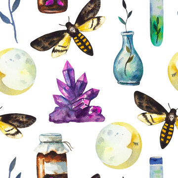 Seamless pattern with magic elements, crystals, moths and alchemy bottles. Watercolor hand drawn illustration.