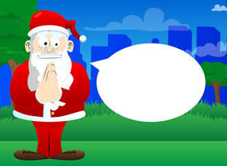 Santa Claus in his red clothes with white beard with praying hands. Vector cartoon character illustration.