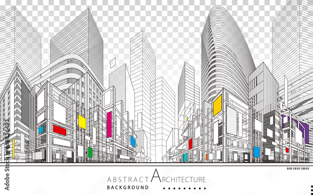Poster 3D illustration linear drawing. Imagination architecture urban building design, architecture modern abstract background. 