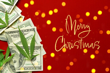 Naklejka premium Creative greeting card for Merry Christmas with hemp leaves and money