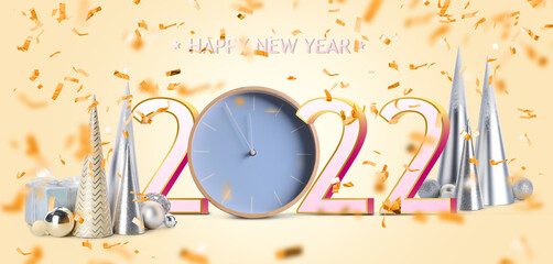 Beautiful greeting card for Happy New Year 2022 with clock