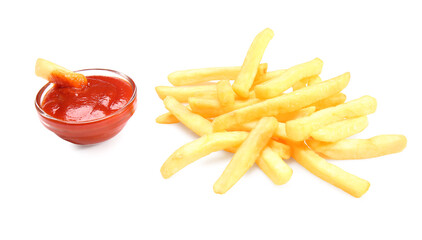 Tasty french fries with tomato sauce on white background