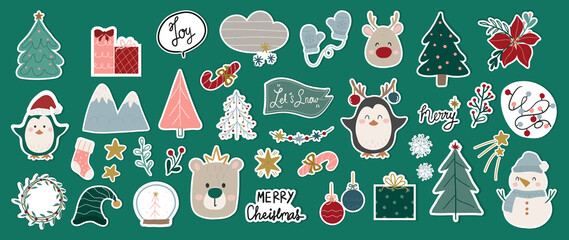 Cute Christmas stickers vector set. Hand drawn doodle style Christmas decorations, holiday gifts, winter clothes, bear, trees, gifts, penguin and Santa Claus. vector illustration.