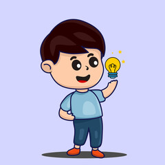 Vector illustration of a boy who has a smart idea, a boy with a bulb symbol of an idea
