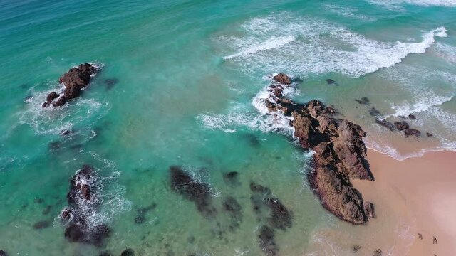 Australian seashore aerial landscape. Ocean waves crush on rocks