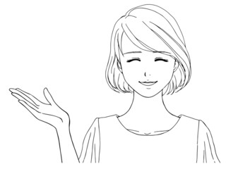 夏服の女性_案内_正面_笑顔_線画