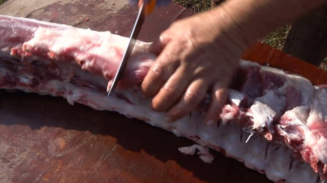 The butcher's hand cuts pieces of meat with whose knife you notice the hairs and texture very well