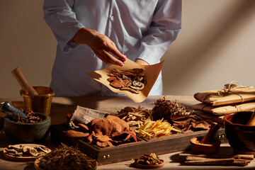 Traditional chinese medicine with herb and spices in brown wooden background mortar and pestile  ,...