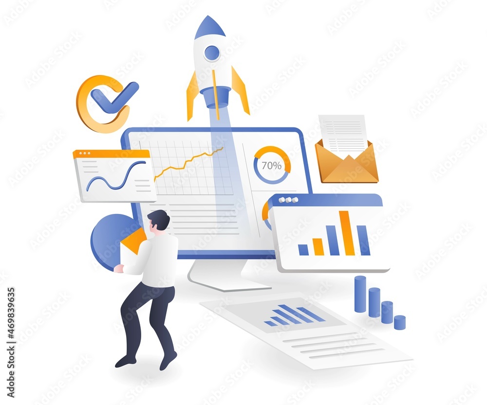 Aufkleber Man with pie chart on investment business computer screen